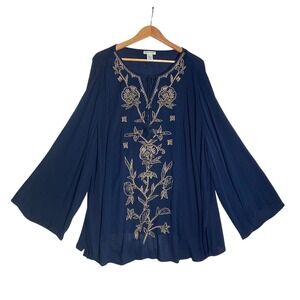 Catherines Tunic Blue Gold Floral Embroidered Beaded Boho Peasant Bell Sleeve 3X